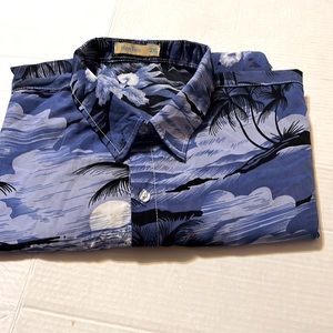 Vintage Han Ton blue palm trees aloha Hawaiian button camp shirt flowers XXL/2XL
